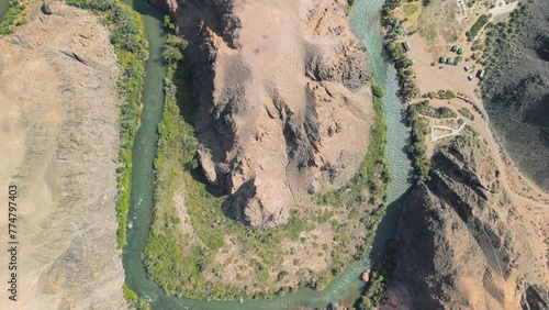 Charyn Canyon, Kazakhstan. Aerial drone view of the Sharyn National Park. Top down shot above canyon river and cliffs. Famous travel landmark destination in Qazaqstan, Central Asia