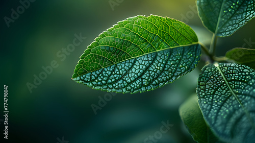 Close-up of green leaves with detailed venation against a blurred background. Macro shot with copy space. Nature and botany concept for environmental design and educational materials photo