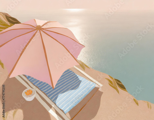 sunchair with umbrella at the ocean in earth tone colors