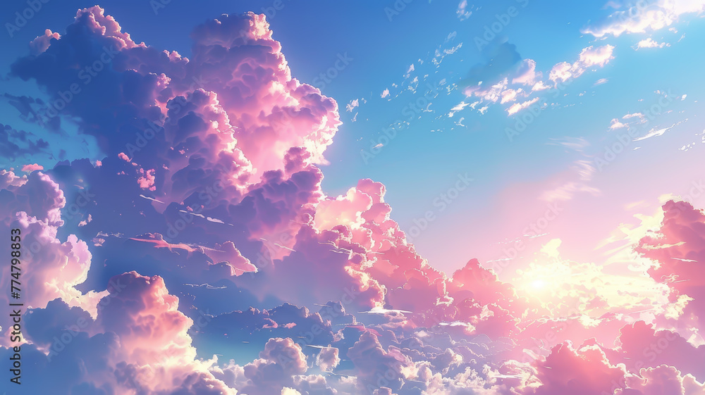 A mesmerizing cloudscape bathed in soft pink hues and gentle sunlight, creating a dreamy and tranquil sky. - obrazy, fototapety, plakaty 