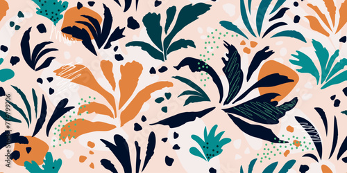 Seamless botanical pattern collage of modern patterns of exotic jungle plants, abstract leaf shapes, grass.