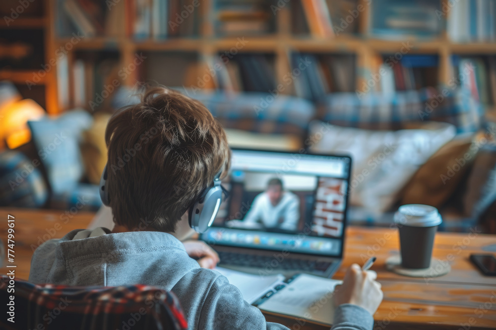 Focused student engaged in online learning, Caucasian teen boy with ...