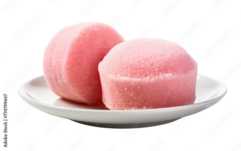 Two vibrant pink cotton candies sit attractively on a pristine white plate Two vibrant pink cotton candies sit attractively on a pristine white plate