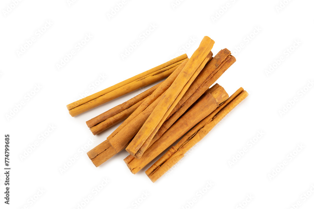 Ceylon cinnamon.Cinnamon sticks isolated on white background. Cinnamon roll and powder. Spicy spice for baking, desserts and drinks. Fragrant ground cinnamon. Close-up. Place for text. copy space