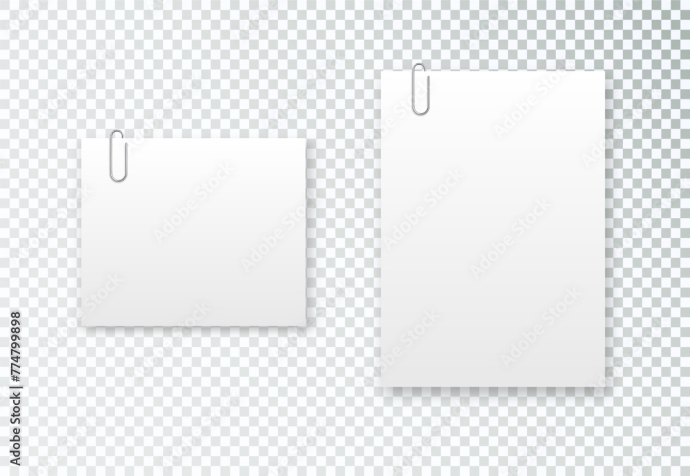 Blank paper sheet in A4 format on transparent background. Notebook page, document with steel paper clip. Vector Blank paper sheet in A4 format on transparent background. Notebook page, document with steel paper clip. Vector