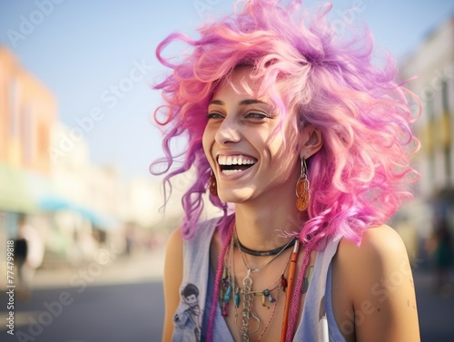 Smiling Woman With Pink Hair Wearing Necklace