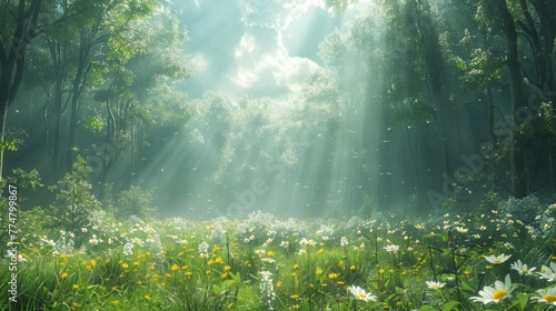 Green meadow texture, dotted with wildflowers and the soft shadows of passing clouds, capturing the peaceful beauty of forests and fields created with Generative AI Technology