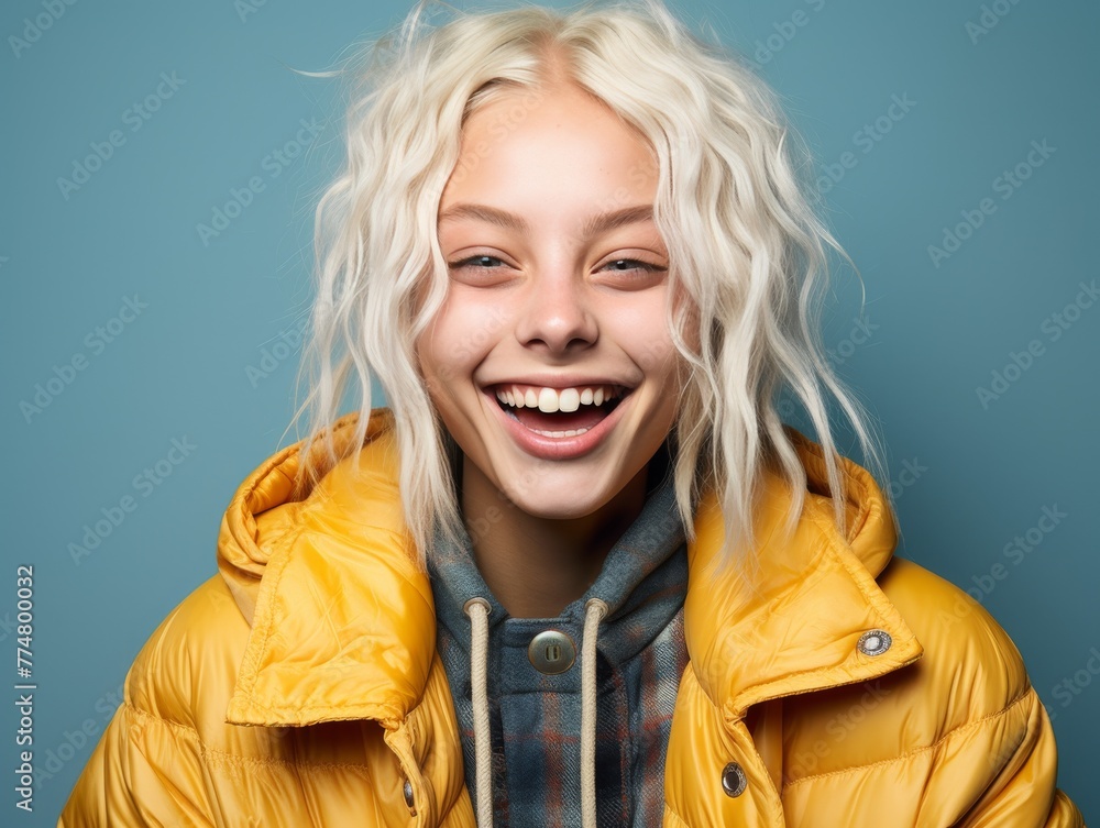 Blonde Woman Smiling in Yellow Jacket Blonde Woman Smiling in Yellow Jacket