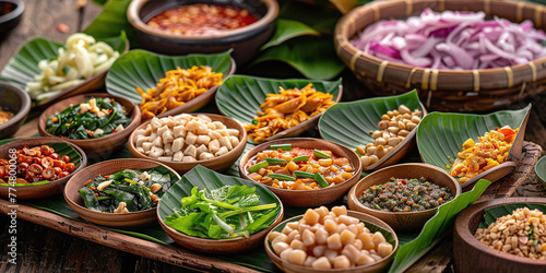 Miang Kham is a delicious snack that is often sold as street food in Thailand. It involves wrapping small pieces of several foods in a leaf along with a sweet and salty sauce photo