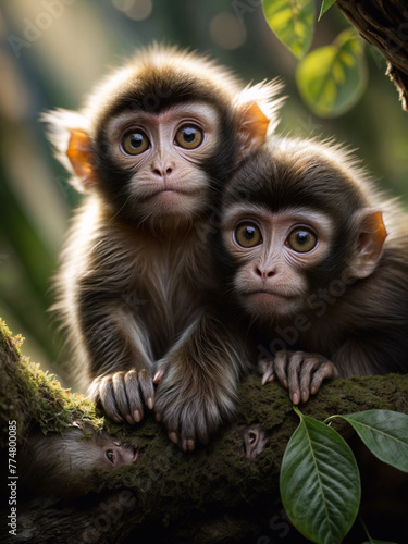 A Painting of a Treetop Trio  Three Mischievous Monkeys Huddle Together  Guardians of the Green Canopy.