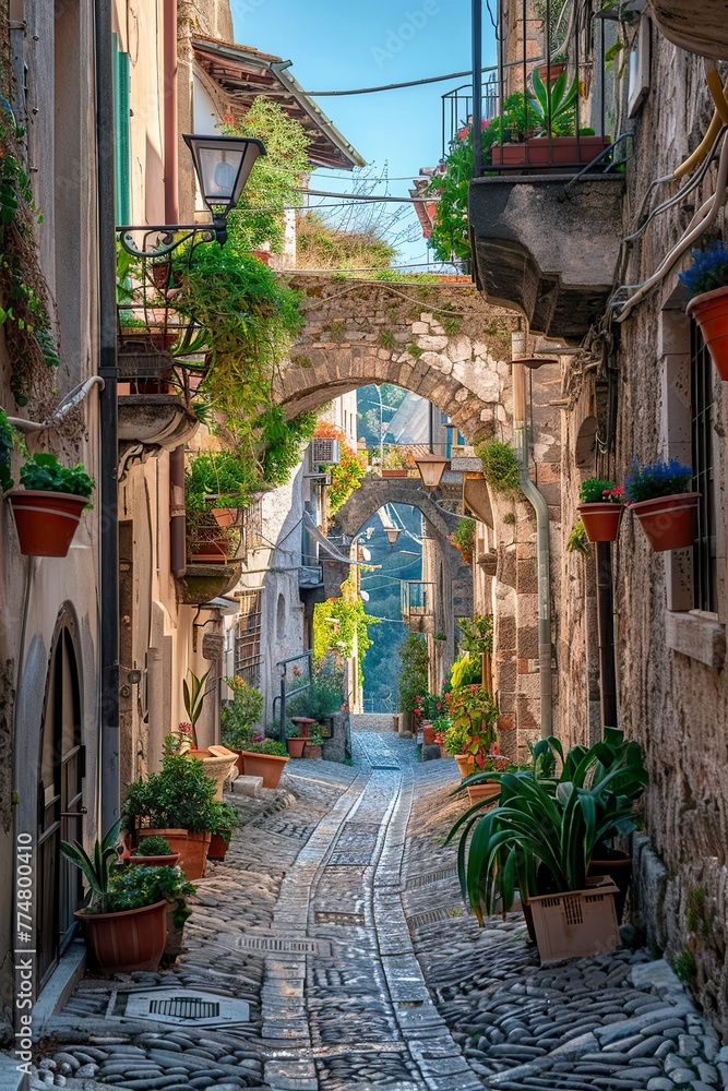 Cobblestone Street With Potted Plants