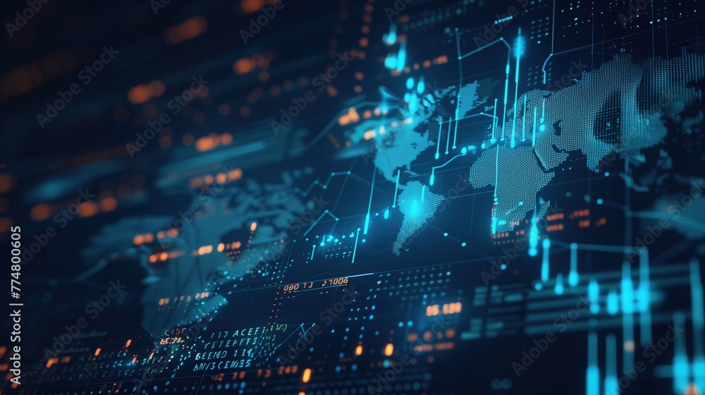 Global Data Network Representation and High-Tech Data Visualization on a Futuristic Digital World Map with Deep Blue Background