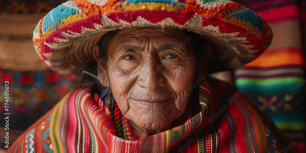 Peruvian woman in national clothes - obrazy, fototapety, plakaty 