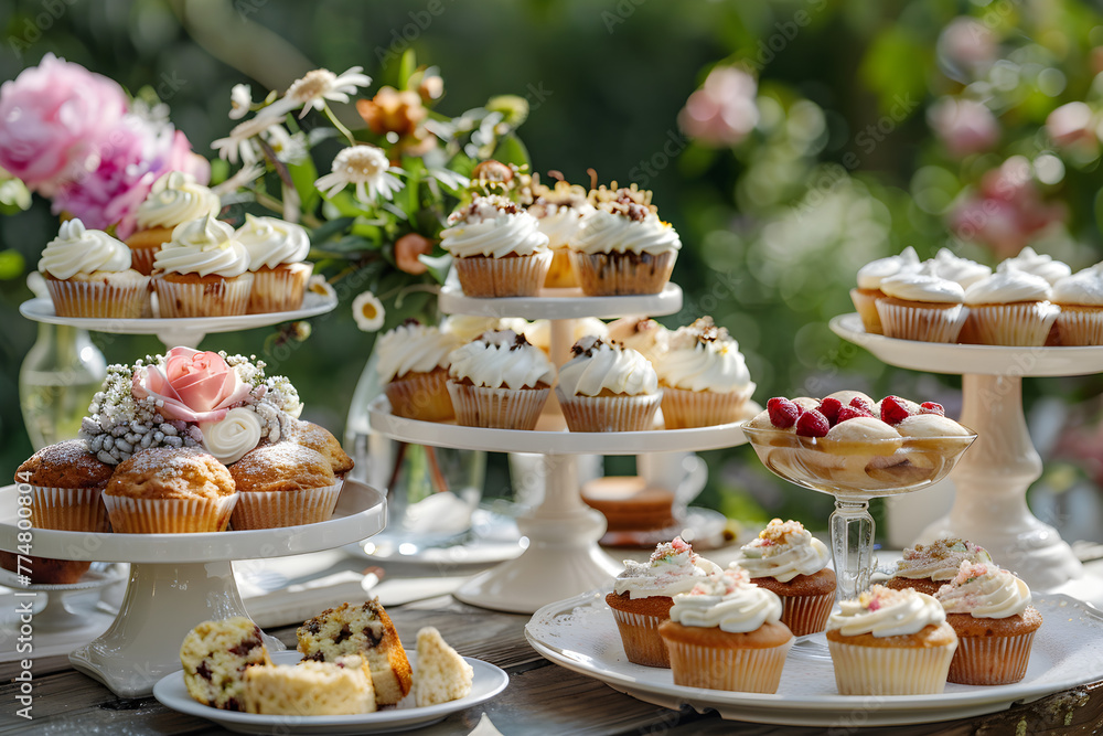 Cupcakes, cakes, scones, muffins and holiday decoration outdoors at the English country style garden, sweet desserts for wedding, birthday or party celebration.