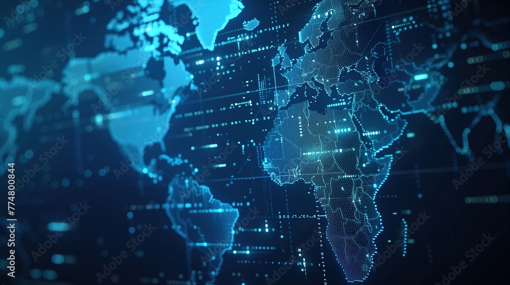 Global Data Network Representation and High-Tech Data Visualization on a Futuristic Digital World Map with Deep Blue Background Global Data Network Representation and High-Tech Data Visualization on a Futuristic Digital World Map with Deep Blue Background