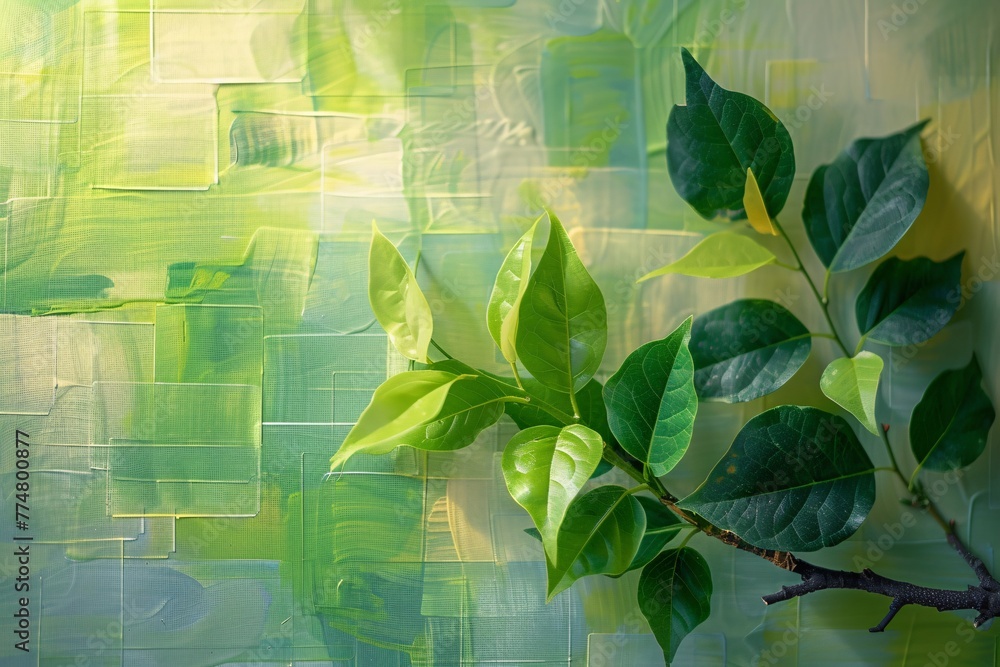 Green leaves in focus set against an abstract, geometric patterned backdrop with a sunny filter.