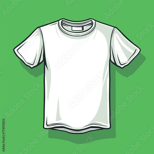Detailed white T-shirt, green backdrop.
