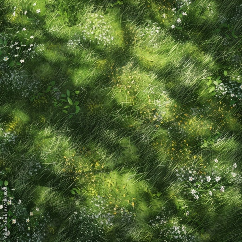 Green meadow texture, dotted with wildflowers and the soft shadows of passing clouds, capturing the peaceful beauty of forests and fields created with Generative AI Technology © Sentoriak