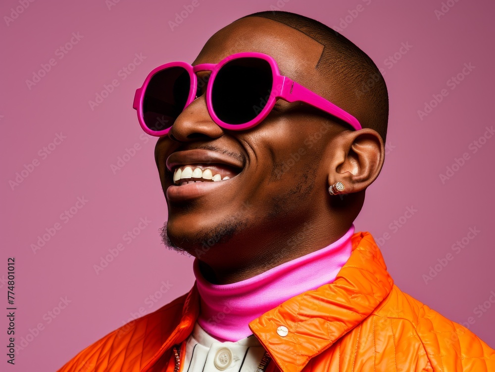 Stylish Man Wearing Pink Sunglasses and Orange Jacket Stylish Man Wearing Pink Sunglasses and Orange Jacket