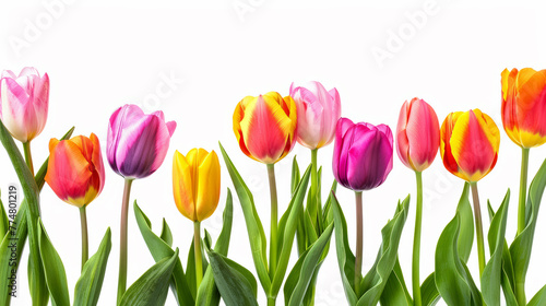 Colourful tulips in a row on white background. Copy space for text.