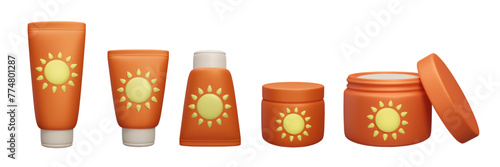 Set of 3D summer beauty cosmetics: SPF sunblock facial cream jar, sunscreen lotion tube bottles isolated on white. Sun safety 3D skincare sunscreen makeup collection vector render illustration.