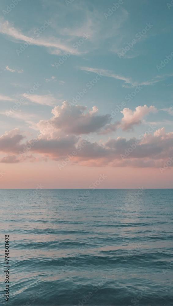 Coastal horizon in soothing pastels. Minimalist wallpaper for social media. Cloudy sky above serene seascape. Peaceful and simple.