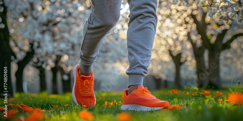 legs of a man in gray sweatpants and orange sneakers jogging in the morning park in spring photo