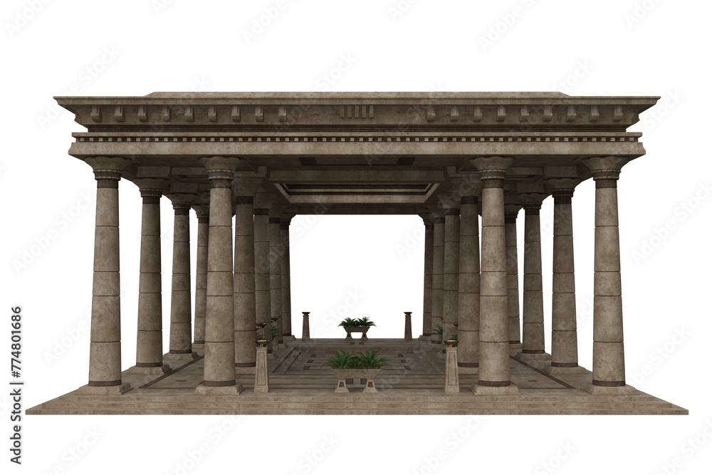 Ancient Egyptian palace or temple atrium stone building. Isolated 3D rendered illustration.