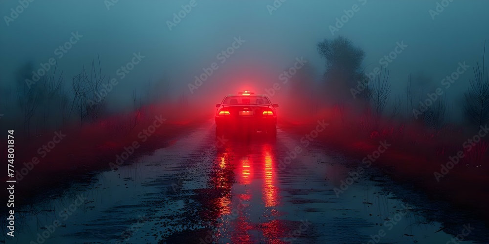 Police car with lights flashing chasing car in foggy night responding to emergency call. Concept Police car pursuit, Emergency call, Foggy night, Lights flashing, Action-packed scene