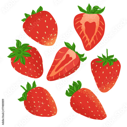 Set of ripe strawberries with green leaves isolated on a transparent background. Whole and halved berries from different angles. Bright summer picture for fruit shops and cafes. Vector illustration