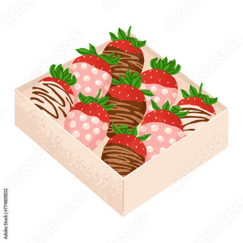 A set of ripe strawberries covered with chocolate glaze in a box. Gift for Valentine's Day and romantic date. Vector illustration in naturalistic style.
