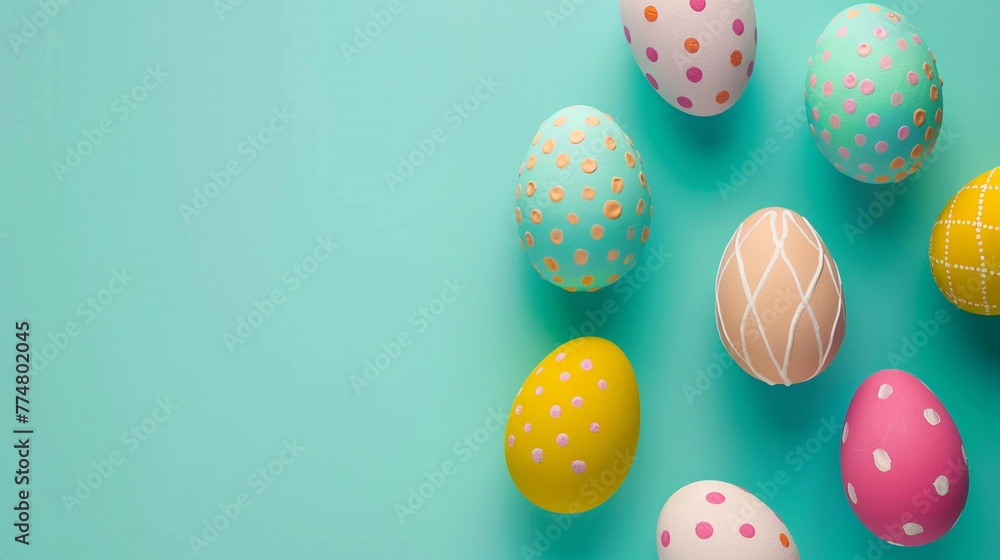 Easter decor concept. Top view photo of yellow pink blue easter eggs and sprinkles on isolated pastel blue background