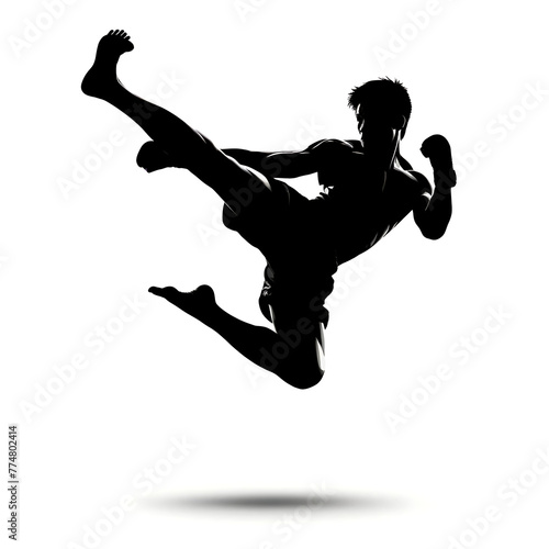 Silhouette vector of a Muay Thai fighter executing a jump kick