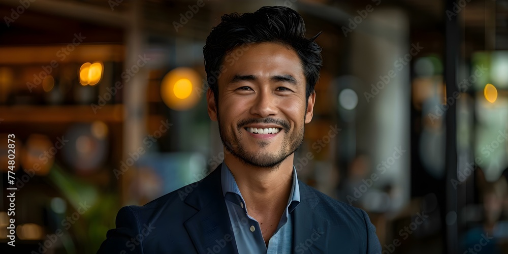 Fototapeta premium Confident and Professional: Smiling Asian Businessman in a Modern Office Setting. Concept Modern Office Setting, Asian Businessman, Confident Pose, Professional Attire, Smiling Expression