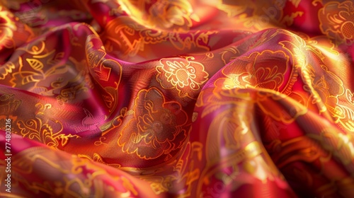 A luxurious silk fabric texture, with intricate patterns and vibrant colors that reflect the rich aesthetic of the Far Eastern lands created with Generative AI Technology
