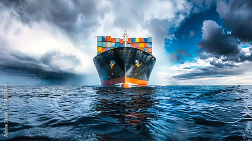 A large cargo ship loaded with containers sailing across the vast ocean under the clear sky