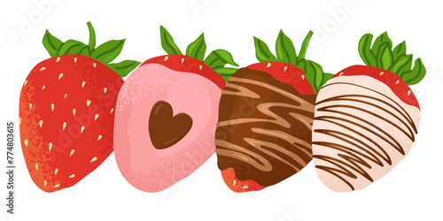 Set of ripe strawberries with green leaves isolated on a transparent background. Berry covered with chocolate glaze, different designs and colors. Bright summer illustration for fruit shops. Vector