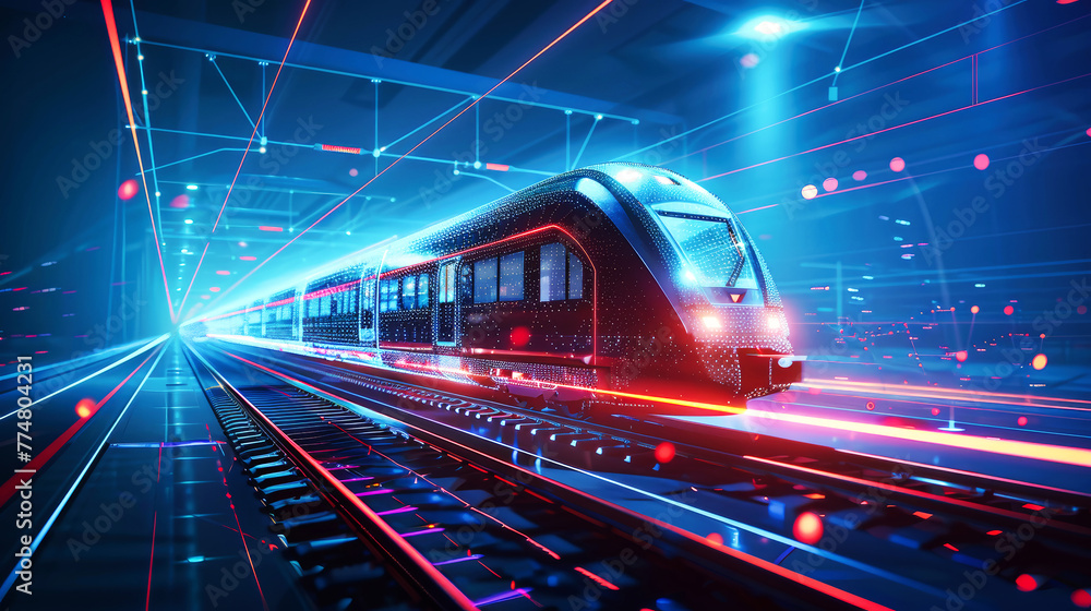 A modern train glides through a tunnel illuminated by vibrant neon lights, casting a kaleidoscope of colors along its path A modern train glides through a tunnel illuminated by vibrant neon lights, casting a kaleidoscope of colors along its path