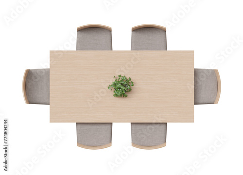 Overhead view of dining set with a wooden table, chairs and decorative plant. Rectangular table on transparent background, PNG. Cut out furniture. Top view. Flat lay, floor plan elements. 3D rendering