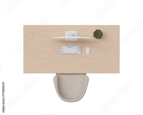 Overhead view of wooden desk and beige chair. Work table on transparent background, PNG. Cut out furniture. Top view. Flat lay, floor plan element. 3D rendering