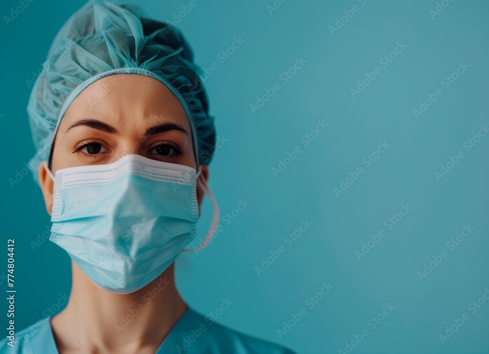 Close up portrait photo, Eye of Doctor. Protection against contagious disease, coronavirus, hygienic face surgical medical mask to prevent infection. blue background Close up portrait photo, Eye of Doctor. Protection against contagious disease, coronavirus, hygienic face surgical medical mask to prevent infection. blue background