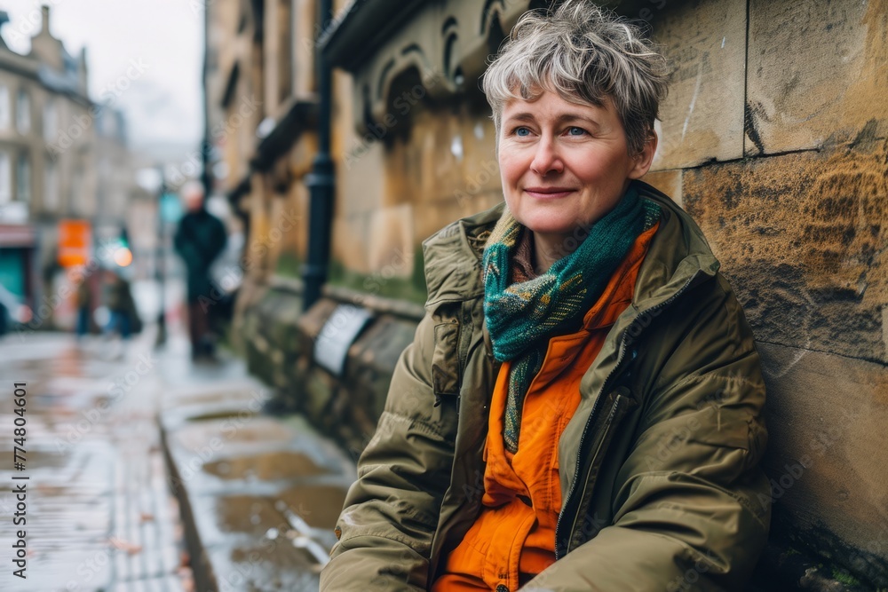 Portrait of a middle-aged woman in an orange jacket and scarf on the street. Portrait of a middle-aged woman in an orange jacket and scarf on the street.