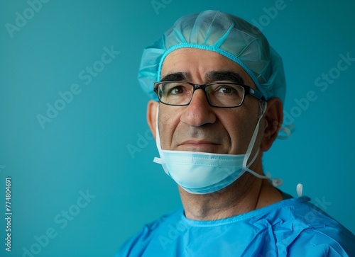 Close up portrait photo, Eye of Doctor. Protection against contagious disease, coronavirus, hygienic face surgical medical mask to prevent infection. blue background