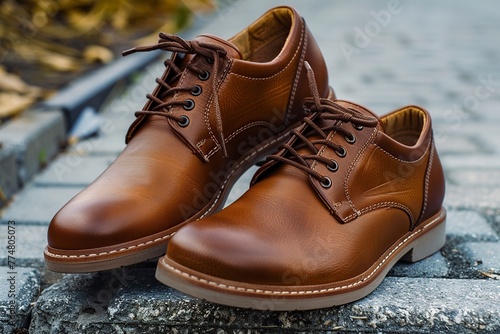 Person Wearing Brown Shoes on Brick Walkway