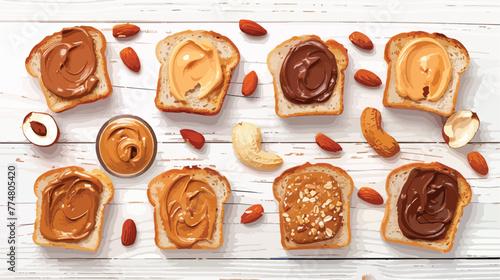 Different tasty toasts with nut butter and products