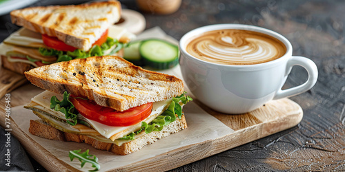 white cup with coffee, sandwiches, on a light wooden board