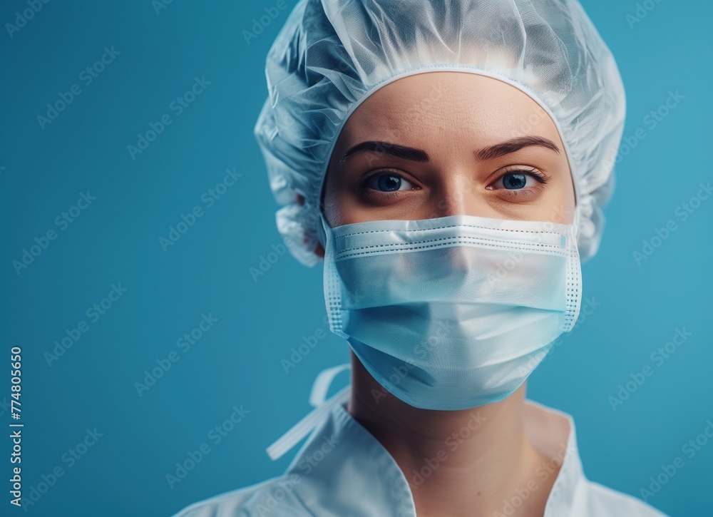 Close up portrait photo, Eye of Doctor. Protection against contagious disease, coronavirus, hygienic face surgical medical mask to prevent infection. blue background Close up portrait photo, Eye of Doctor. Protection against contagious disease, coronavirus, hygienic face surgical medical mask to prevent infection. blue background