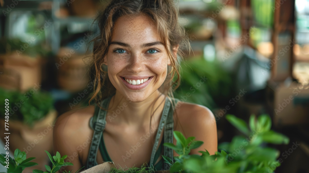 Portrait of young woman farmer, looking at camera in the green house farm. Portrait of young woman farmer, looking at camera in the green house farm.