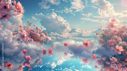 Floral pattern inspired by vibrant gardens, featuring floating islands adorned with lush, sky-blue and pink blossoms contrasting against a backdrop of an idyllic created with Generative AI Technology photo