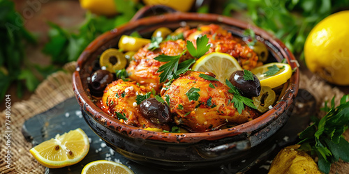 Traditional Moroccan chicken tagine with olives and salted lemons